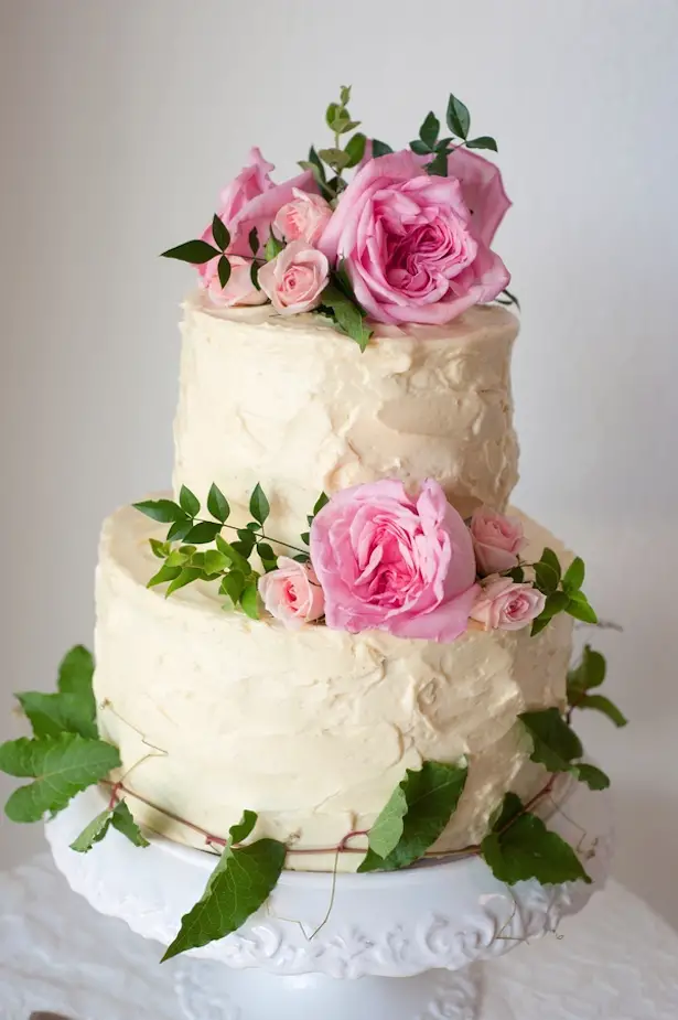 Cream Wedding Cake with Pink Roses 
