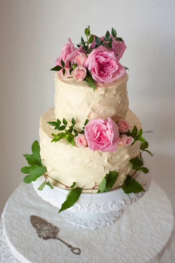 Wedding Cake with Pink Garden Roses ~ Jill Lauren Photography