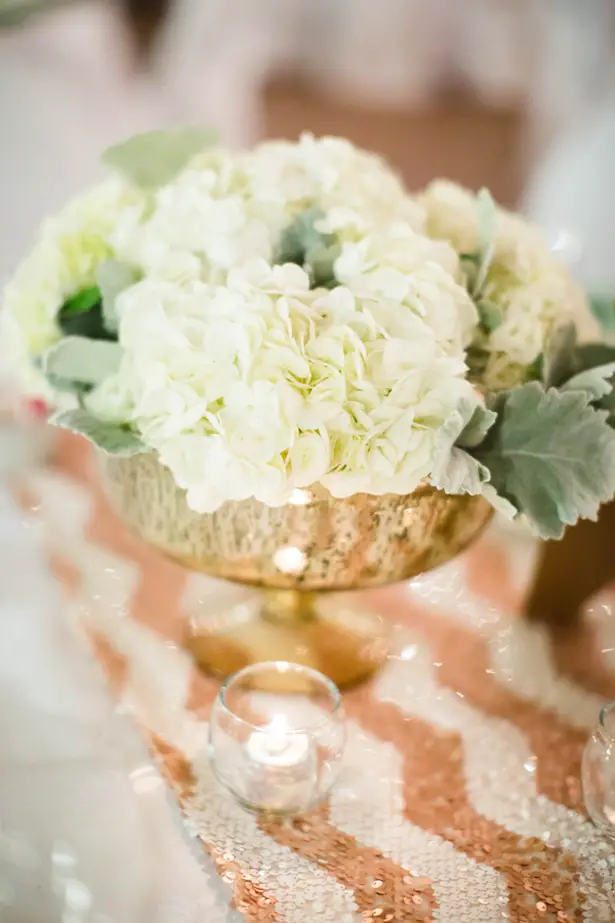 Hydrengea Centerpiece : Mint and Gold Sequins #Wedding Tablescape - Caroline Ross Photography