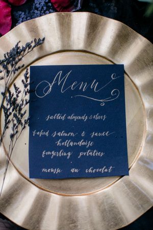 Black wedding menu - Sweet Blooms Photography
