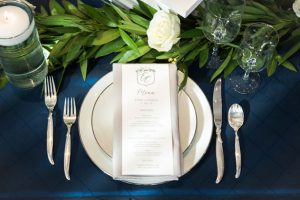Navy blue and green wedding place setting - Elizabeth Nord Photography