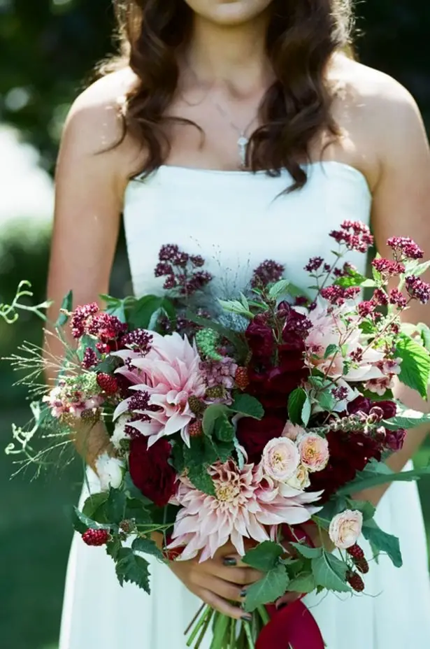 Gorgeous organic wedding bouquet with pink and berry colored flowers - LLC Heather Mayer Photographers