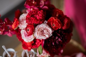 Red and pink Bridal shower flowers - Cary Diaz Photography