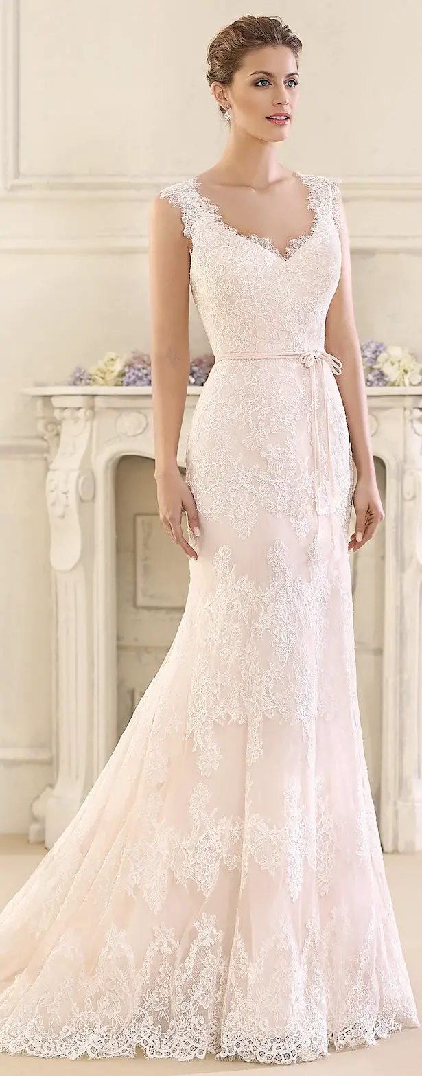 Blush Lace fitted Wedding Dress by Fara Sposa 2017 Bridal Collection