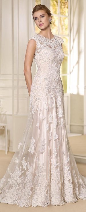Cap sleeve blush lace Wedding Dress by Fara Sposa 2017 Bridal Collection