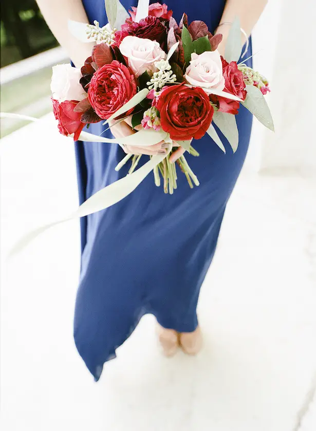 Blue Bridesmaid Dress with Red Bouquet - Lisa Blume Photography