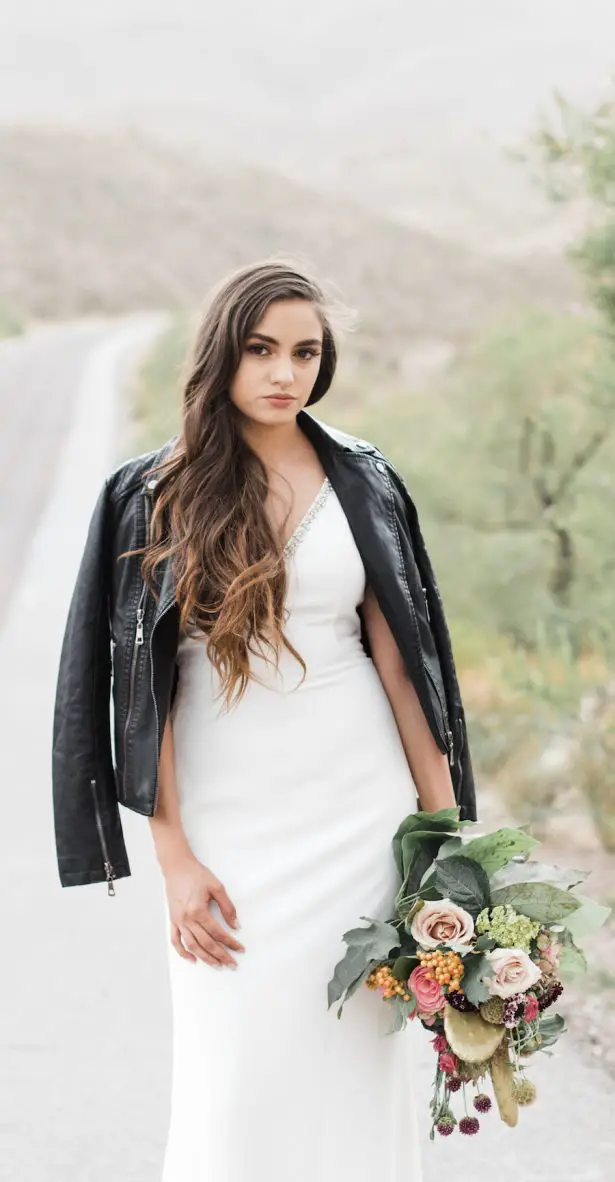 Bride wearing a leather jacket- Coffee Creative Photography