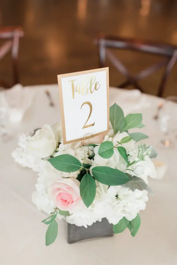 Classic Wedding Centerpiece with gold table number - Alicia Lacey Photography