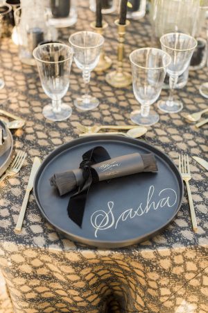 Black and Gold Wedding Plate Setting Details - Love and You Photography