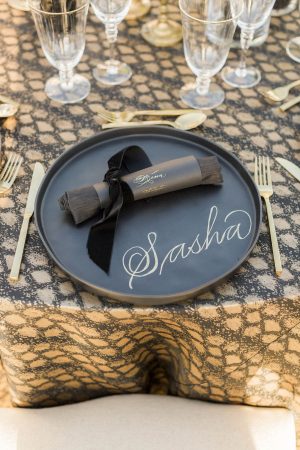 Black and Gold Wedding Plate Setting Details - Love and You Photography
