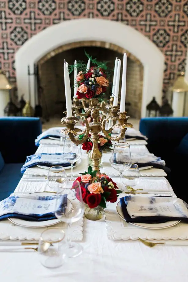 Blue and red winter Wedding Tablescape - Harmony Lynn Photography