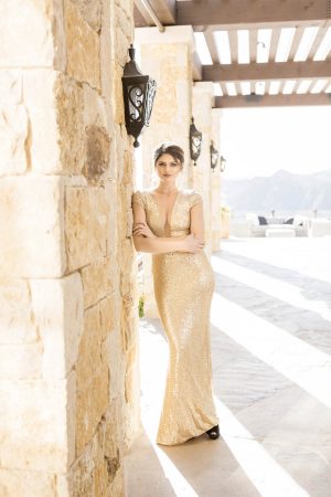 Deep V Neck Gold Wedding Dress - Love and You Photography