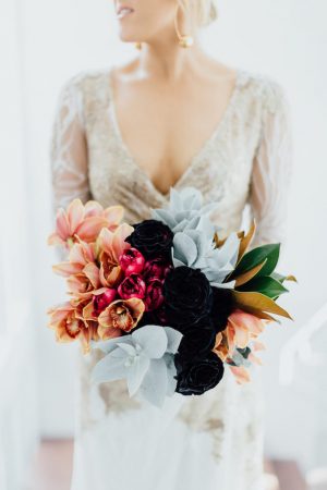 Stunning Winter Wedding Bouquet - black and copper wedding bouquet with orchids - James Simmons Photography