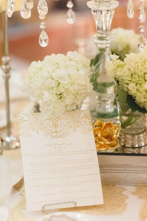 White and gold wedding menu - Don Mears Photography