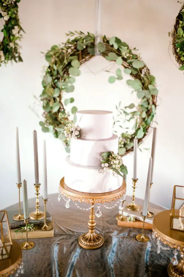Grey and greenery wedding cake table- Sparrow and Gold Photography