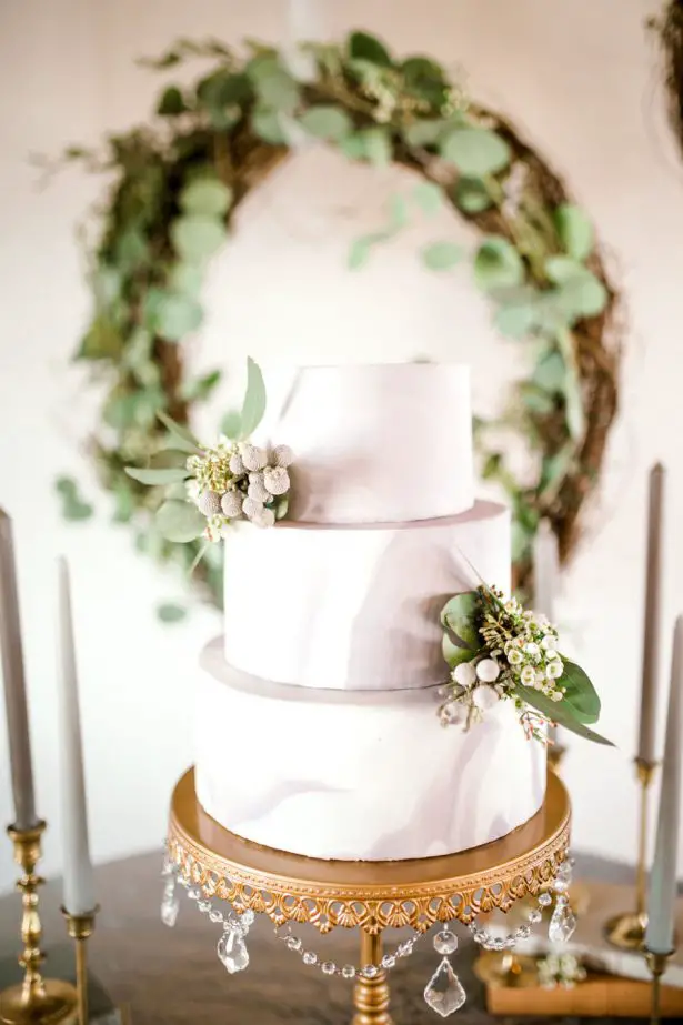 Marble wedding cake with greenery accent - Sparrow and Gold Photography