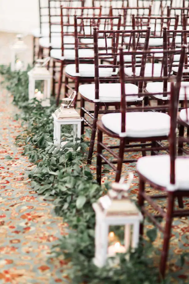 Greenery wedding ceremony decor with lanterns - Lieb Photographic