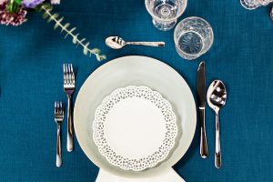 White and blue wedding place setting - Esther Funk Photography