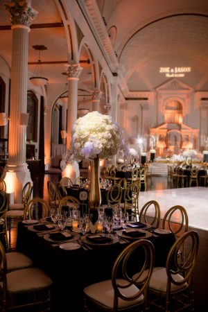 Black White and Gold Glamorous Wedding Reception decorations - Photo: Hollywood Pro Weddings