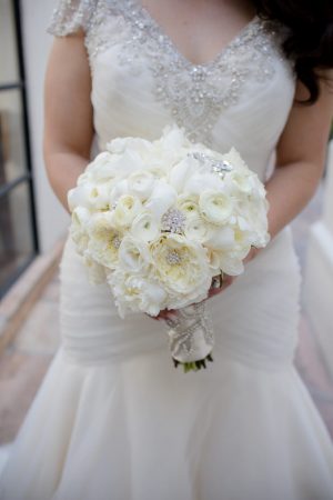 Glamorous white rose bouquet with brooches - Hollywood Pro Weddings