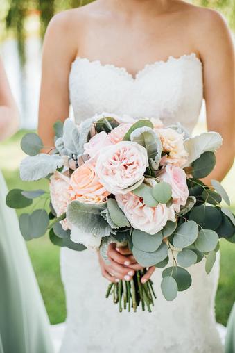 flower girl bouquet,Dusty blue , sage green,white rose, blush,baby’s  eucalyptus,bridesmaids bouquet,flower wedding decorations