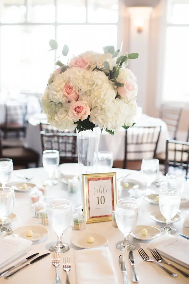 Tall wedding center piece with white hydrangeas and pink roses - Brooke Images