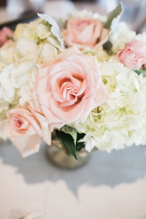 wedding centerpiece with pink roses and white hydrangeas - Brooke Images