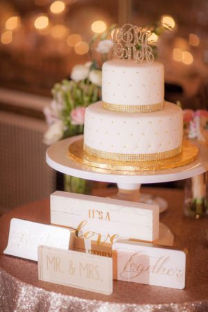 White Wedding Cake with Gold Accents - Clane Gessel Photography