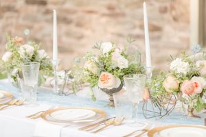 Dusty Blue and Peach Wedding Tablescape
