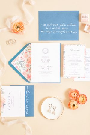 Dusty Blue and peach wedding invitation - Idalia Photography