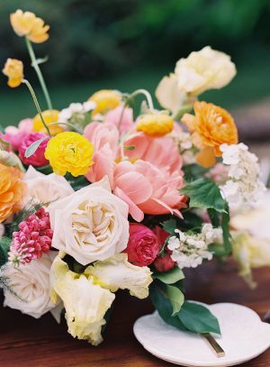 Summer wedding centerpiece with peonies - Whitney Heard Photography