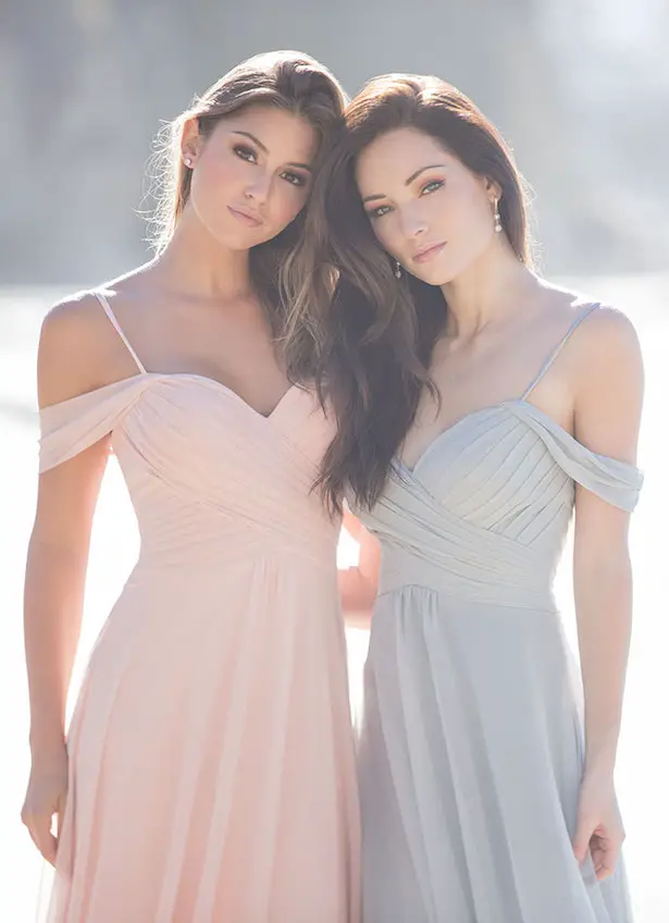 The Secrets Of Successful Mismatched Bridesmaid Dresses with Allure Bridals | Long pastel bpink and grey bridesmaids gowns