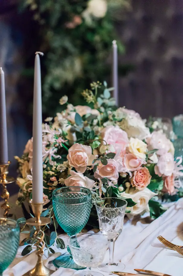 Low Wedding Centerpiece with pink roses - Amanda Karen Photography