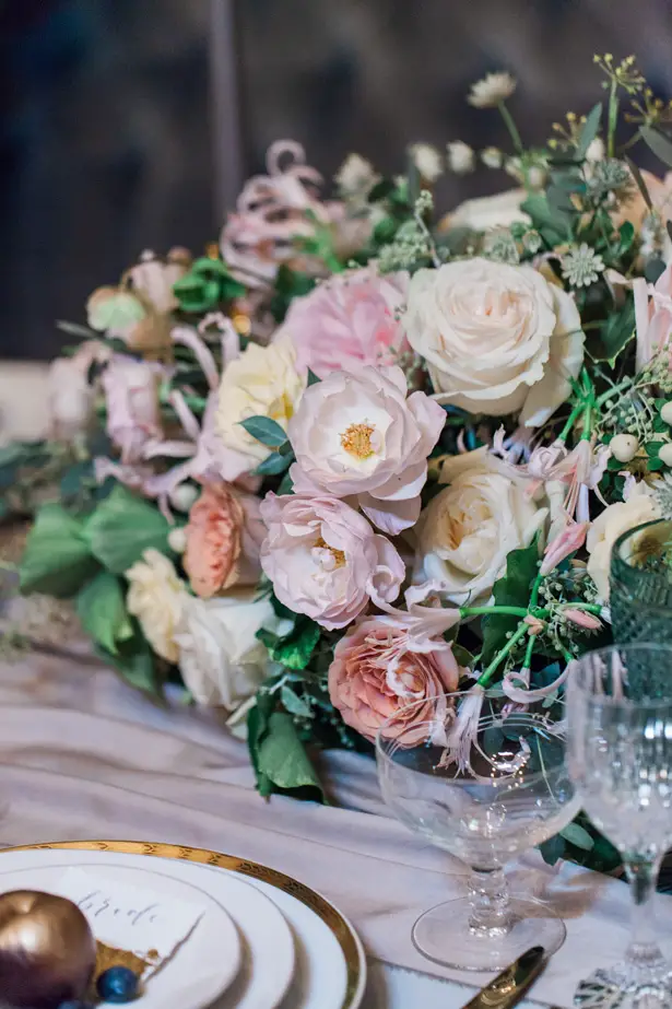 Low Wedding Centerpiece with pink roses - Amanda Karen Photography