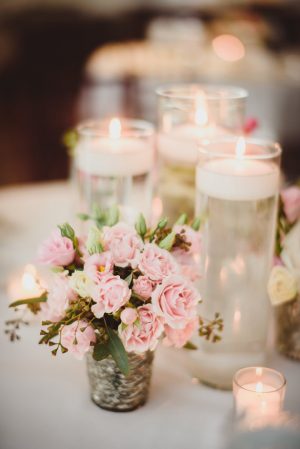 Low blush wedding centerpiece with floating candles- Dani Leigh Photography
