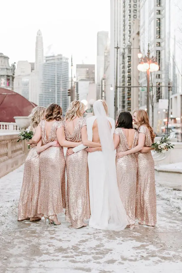 Rose gold long sequin bridesmaid dresses- Nicole Jansma Photography