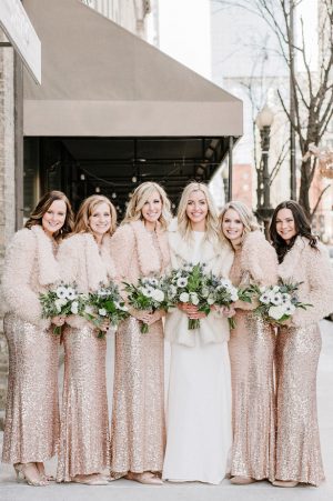 Rose gold long sequin bridesmaid dresses and bridal coats- Nicole Jansma Photography