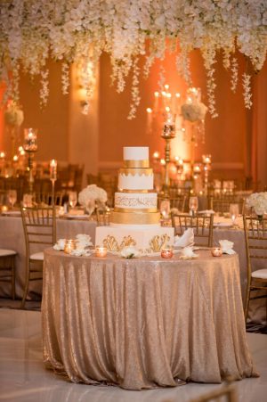 White and gold luxury wedding cake table - Photographer: Julia Franzosa
