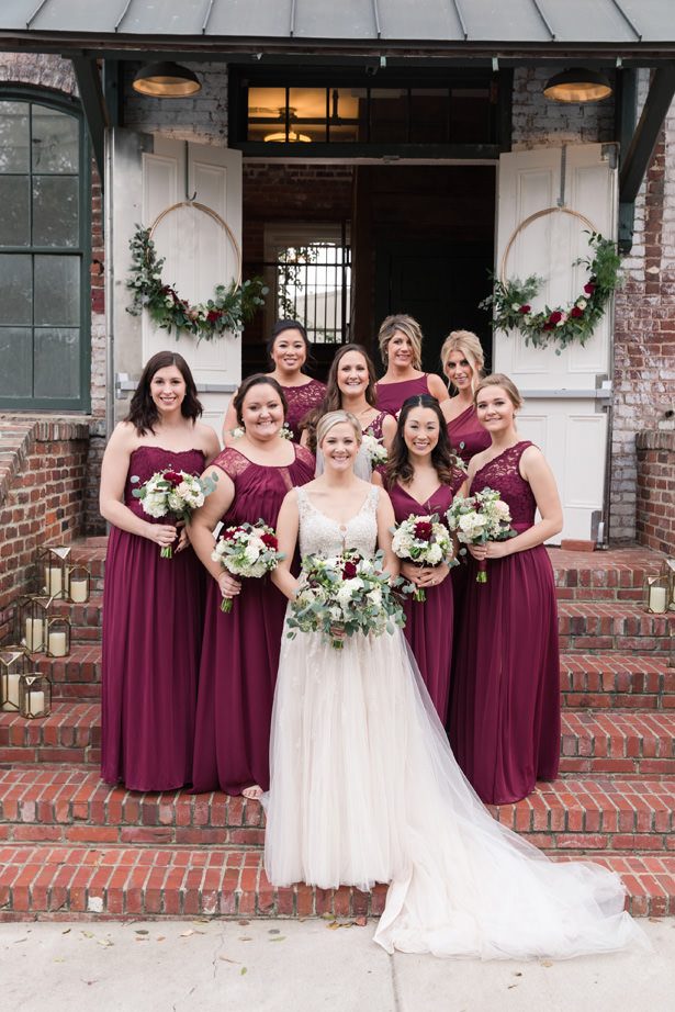 Long mismatched burgundy bridesmaid dresses - Photography by Marirosa