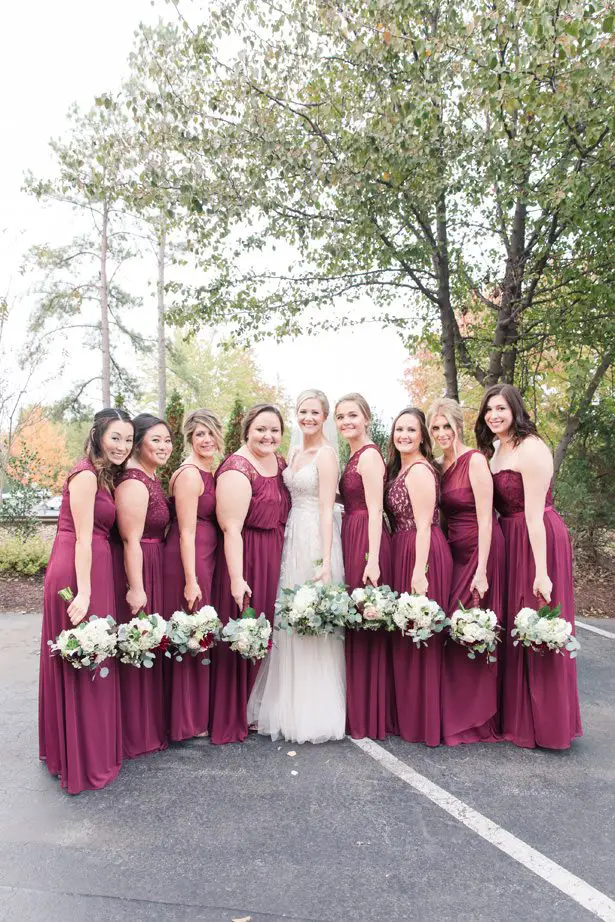 Long mismatched burgundy bridesmaid dresses - Photography by Marirosa