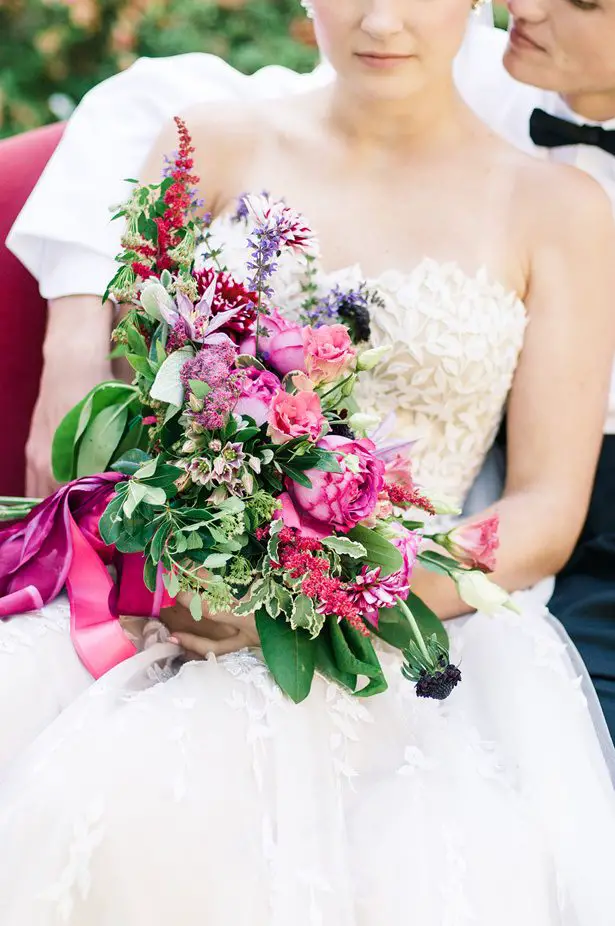 Purple and pink wild wedding bouquet - George and Claudia Photography