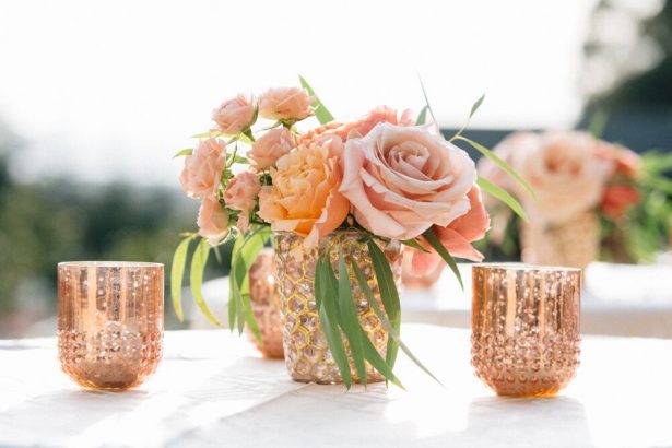 Short Blush Wedding Centerpiece with Gold Accents - Myrtle And Marjoram Photography