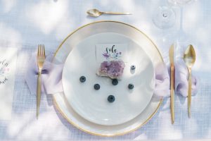 Purple and Gold Contemporary Wedding place setting - Heike Moellers Photography