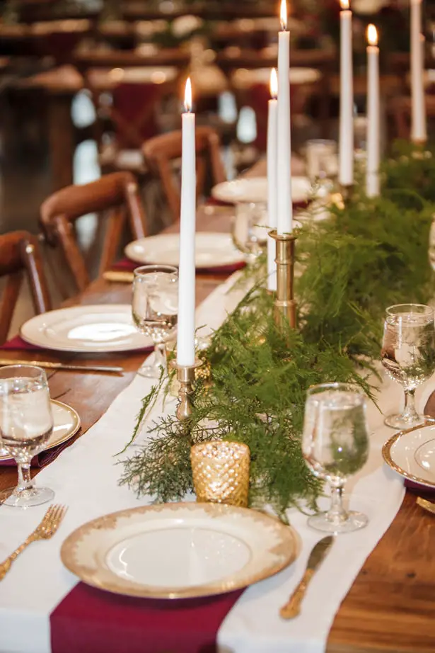 Winter Wedding Table with candlelight and Greenery - Kathy Beaver Photography