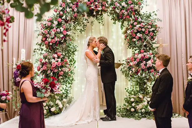 Luxury Wedding Ceremony Decor with greenery and flower Arch - Melissa Schollaert Photography