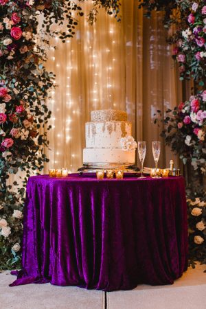 Purple and gold wedding cake table - Melissa Schollaert Photography