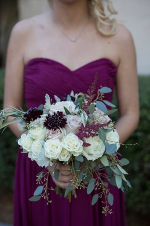 Dark purple wild wedding bouquet with white roses and blush flowers- Cat Pennenga Photography