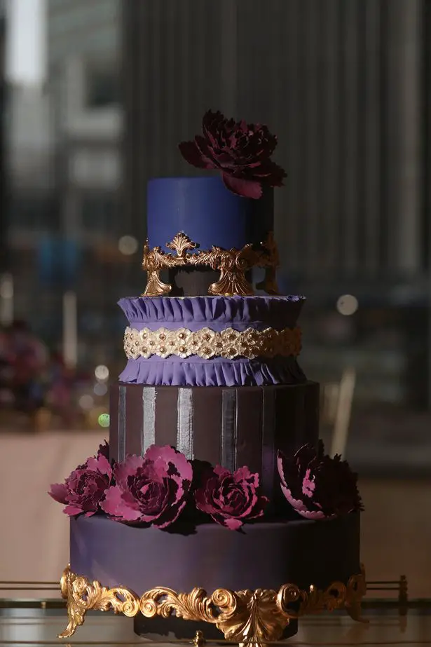 Purple Opuletn Wedding cake with gold details and sugar flowers -Sherri Barber Photography