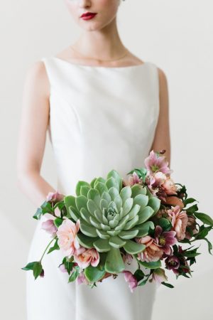 Succulent and pink flowers modern wedding bouquet - Photography: Kate Osborne