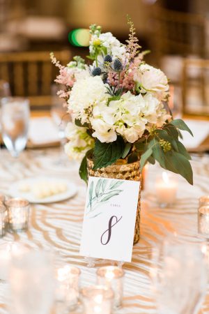 Wedding table centerpiece with gold vase - Bethanne Arthur Photography